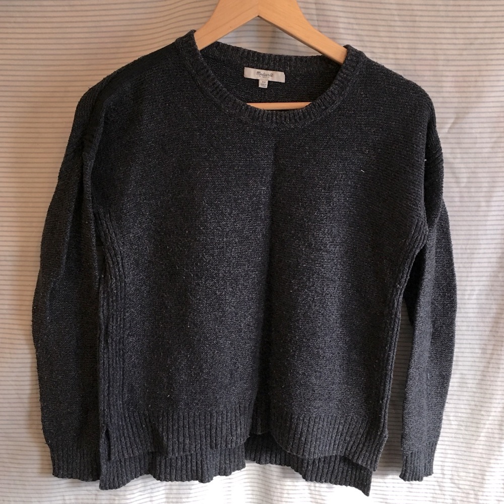 Madewell Charcoal Knit Pullover with Leather Shoulder Accents XS